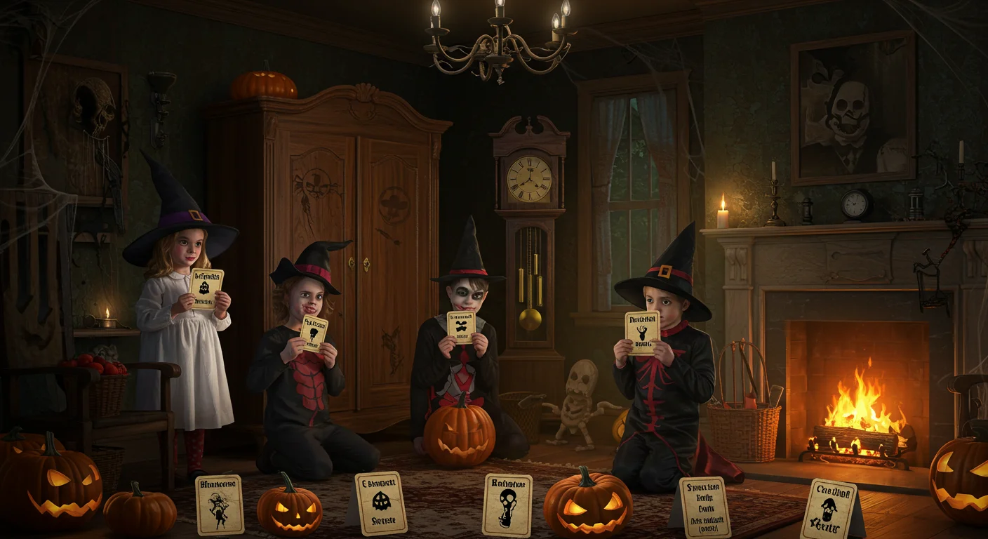 125+ Fun House Riddles with Answers for Kids & Adults 4 Children in witch costumes playing a Halloween-themed card game