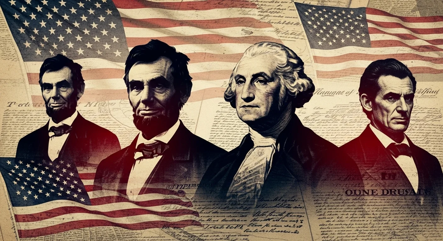 Historical American presidents including Abraham Lincoln and George Washington with US flag and Constitution background