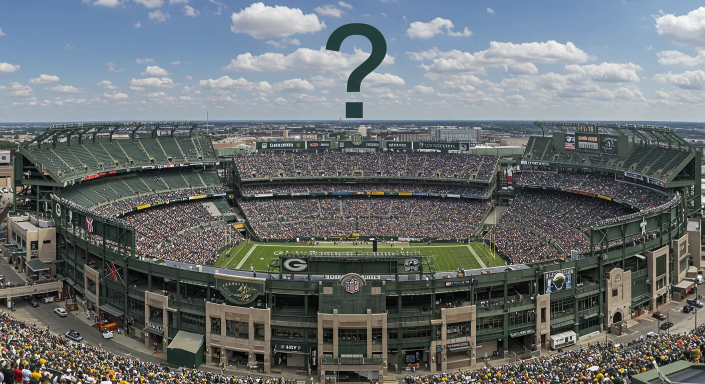 Crack 125+ NFL Riddles with Answers: Test Your Football IQ! 11 Aerial view of Lambeau Field stadium with green question mark overlay