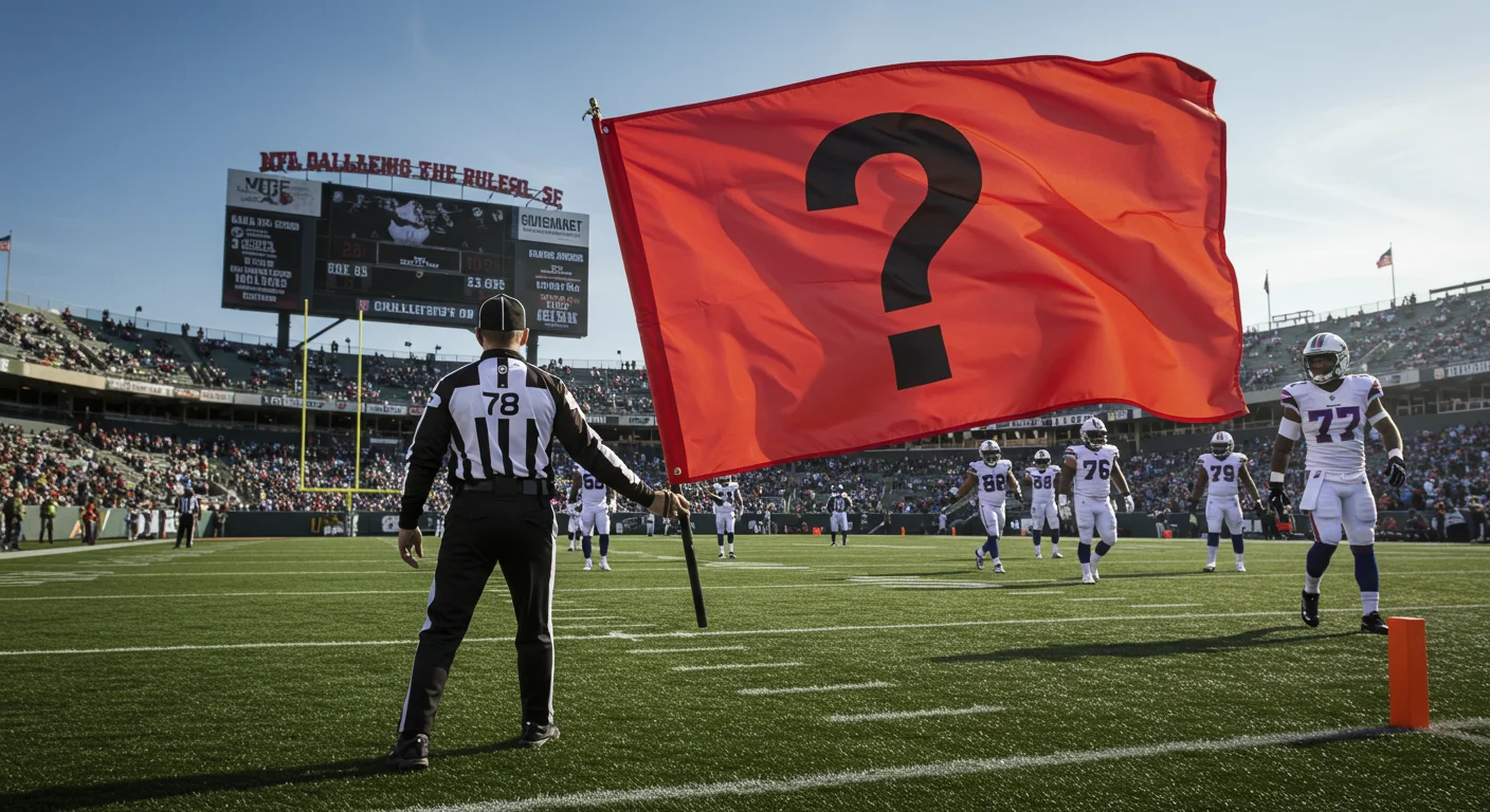 Crack 125+ NFL Riddles with Answers: Test Your Football IQ! 9 NFL referee holding orange challenge flag with question mark during football game