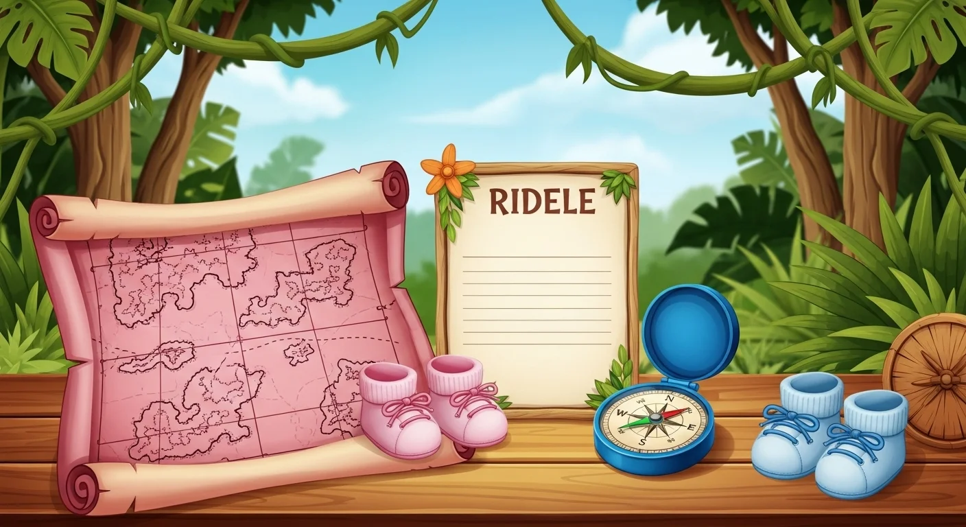 125+ Gender Reveal Riddles to Guess Baby’s Secret (Answers!) 7 Jungle adventure scene with treasure map, riddle scroll, compass, and pink and blue baby shoes on wooden surface