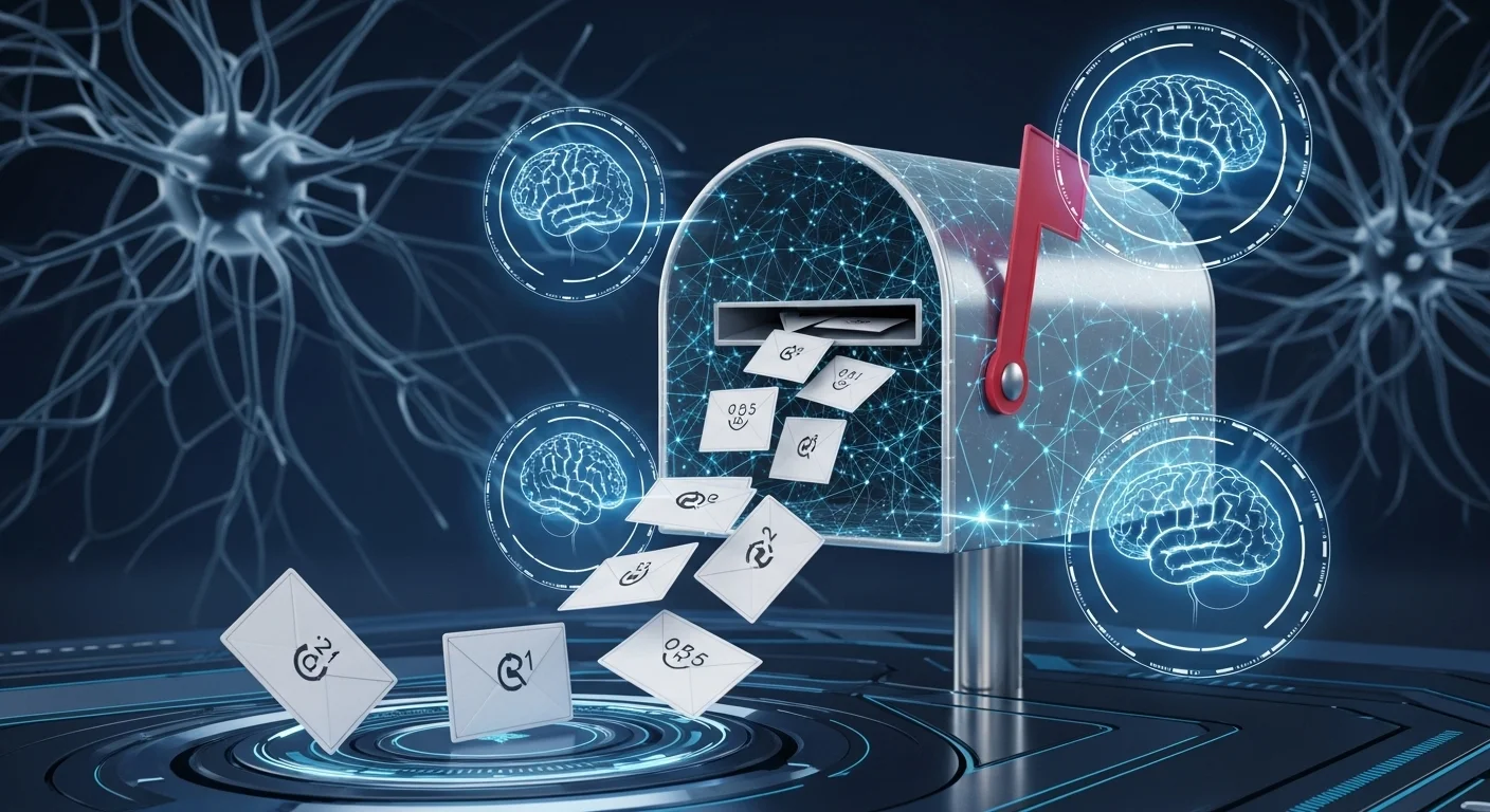 125+ Letter-Perfect Mailbox Riddles (Answers Inside!) 10 Futuristic AI-powered mailbox with neural network background, brain symbols, and floating puzzle cards with mathematical equations