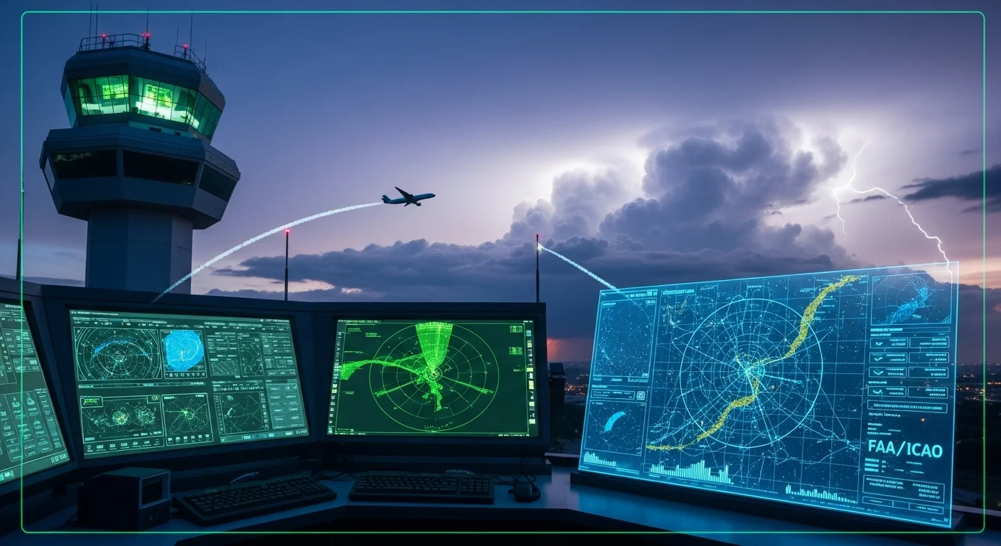 125+ Pilot Riddles with Answers: Soar Through Aviation Brain Teasers 5 Air traffic control tower at night with illuminated radar screens showing aircraft tracking and FAA/ICAO flight management systems