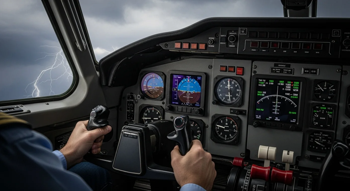 125+ Pilot Riddles with Answers: Soar Through Aviation Brain Teasers 2 Pilot hands on aircraft controls in cockpit during thunderstorm with lightning visible through window and flight instruments displayed