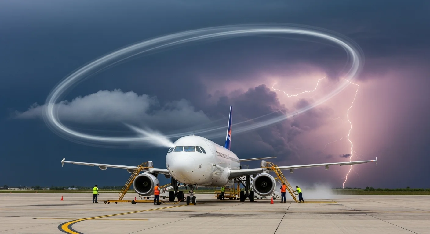 125+ Flight Attendant Riddles Only Crew Will Get (with Answers) 11 Commercial aircraft on airport tarmac with ground support equipment during dramatic storm with lightning and circular cloud formation