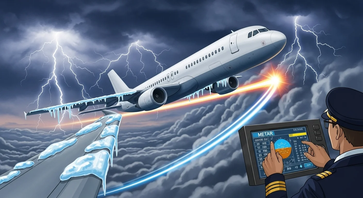 125+ High-Flying Airline Riddles (Answers Included!) 9 Commercial aircraft flying through dramatic thunderstorm with lightning and ice formation while pilot monitors weather radar - airline riddles