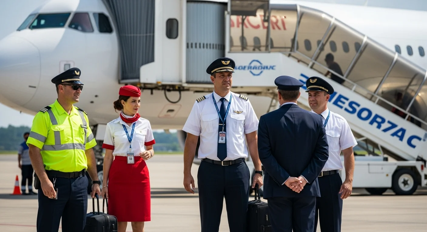 Can You Solve These 150+ Airport Riddles Before Your Flight? 2 Airline crew including pilots, flight attendant, and ground staff standing near commercial aircraft