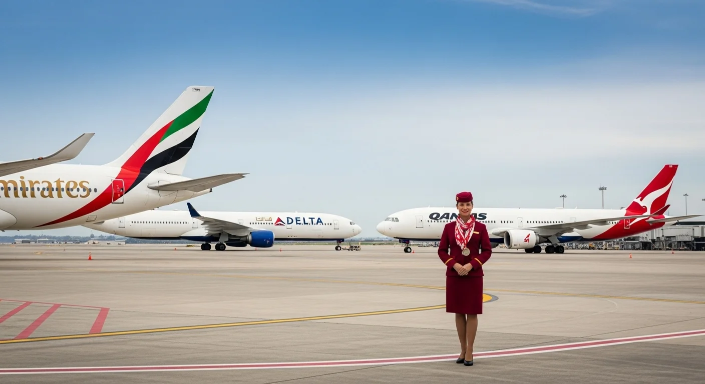 125+ Flight Attendant Riddles Only Crew Will Get (with Answers) 10 Professional airline ground staff member in burgundy uniform standing on airport tarmac with Emirates, Delta, and Qantas aircraft in background