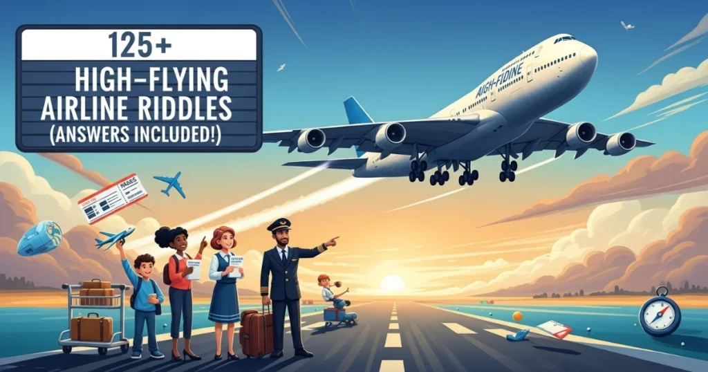 Colorful illustration of airport scene with pilot, flight attendants, and passengers on runway with aircraft overhead