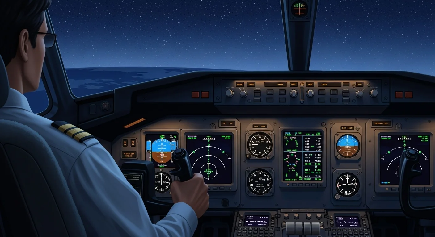 125+ Airplane Riddles with Answers: A Sky-High Adventure 2 Professional pilot in aircraft cockpit during night flight with illuminated instrument panel and controls