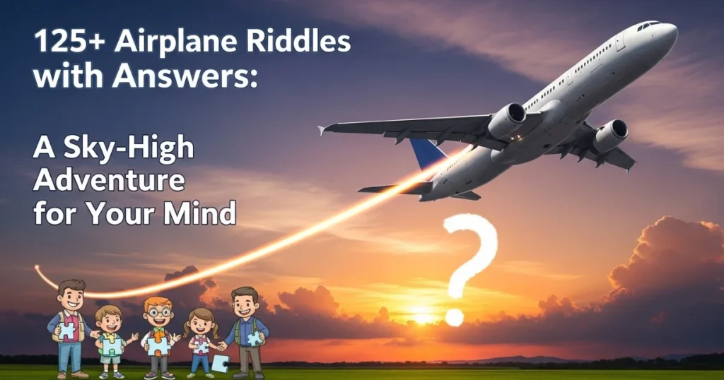 Collection of 125+ airplane riddles with cartoon children and commercial aircraft against sunset sky