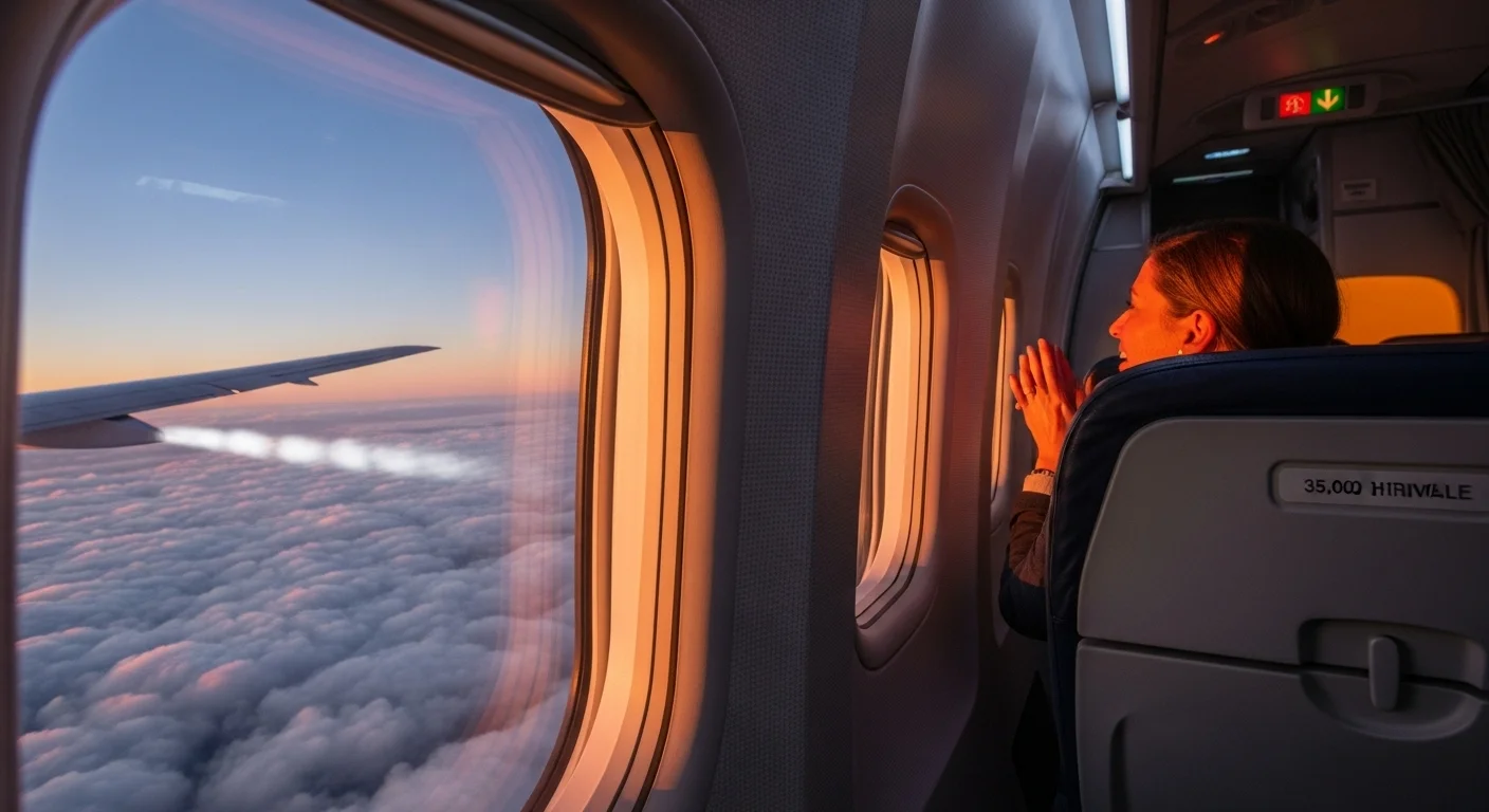 125+ Flight Attendant Riddles Only Crew Will Get (with Answers) 8 Passenger enjoying sunset view through airplane window at 35000 feet altitude during flight