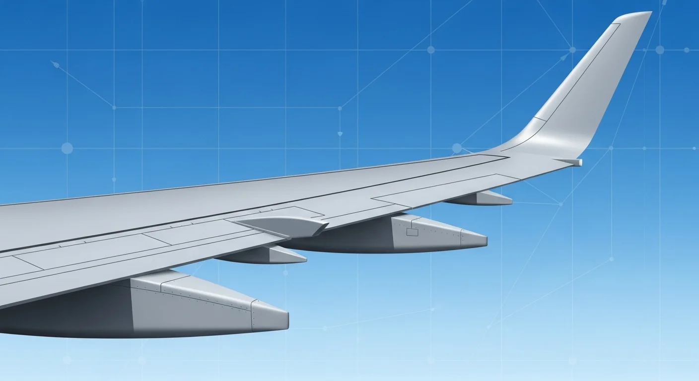 125+ Airplane Riddles with Answers: A Sky-High Adventure 4 Close-up view of commercial aircraft wing with multiple jet engines against blue sky with grid pattern
