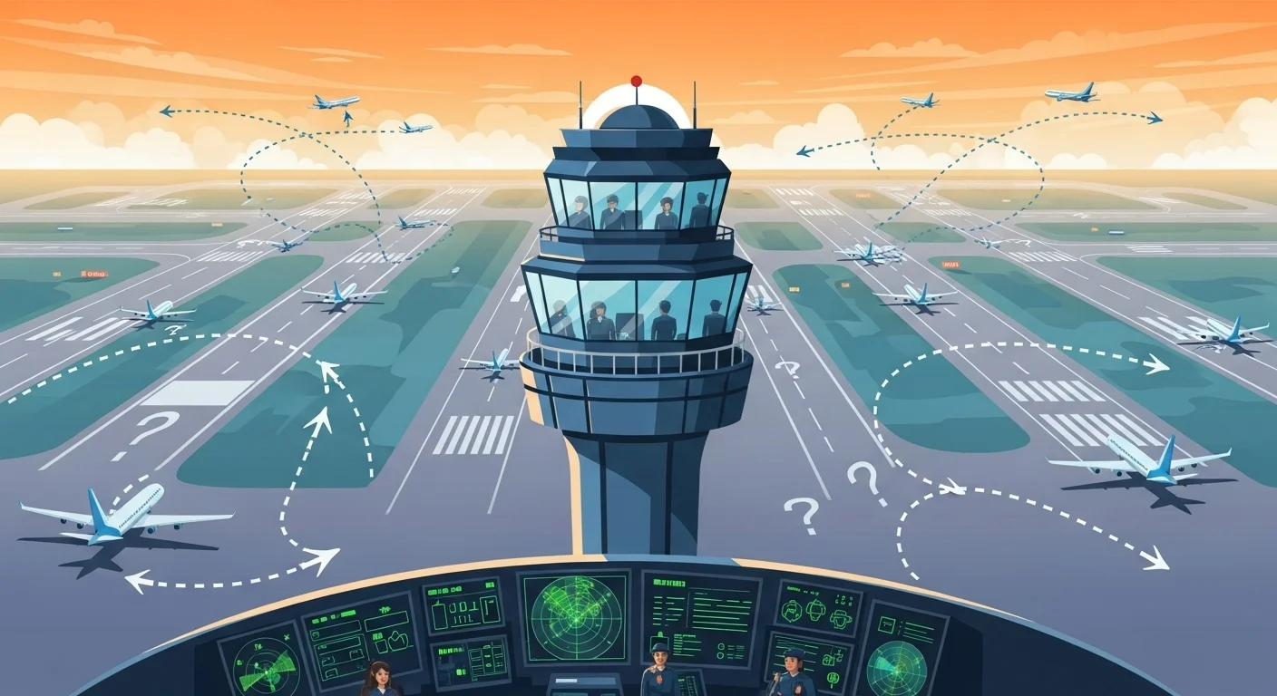 125+ Airplane Riddles with Answers: A Sky-High Adventure 5 Airport control tower with air traffic controllers managing aircraft movements on runways with radar displays and flight paths. Airplane Riddles