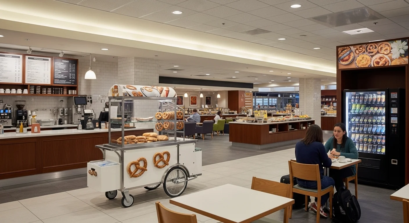Can You Solve These 150+ Airport Riddles Before Your Flight? 11 Modern airport food court with pretzel cart, dining seating area, coffee counter, and passengers eating