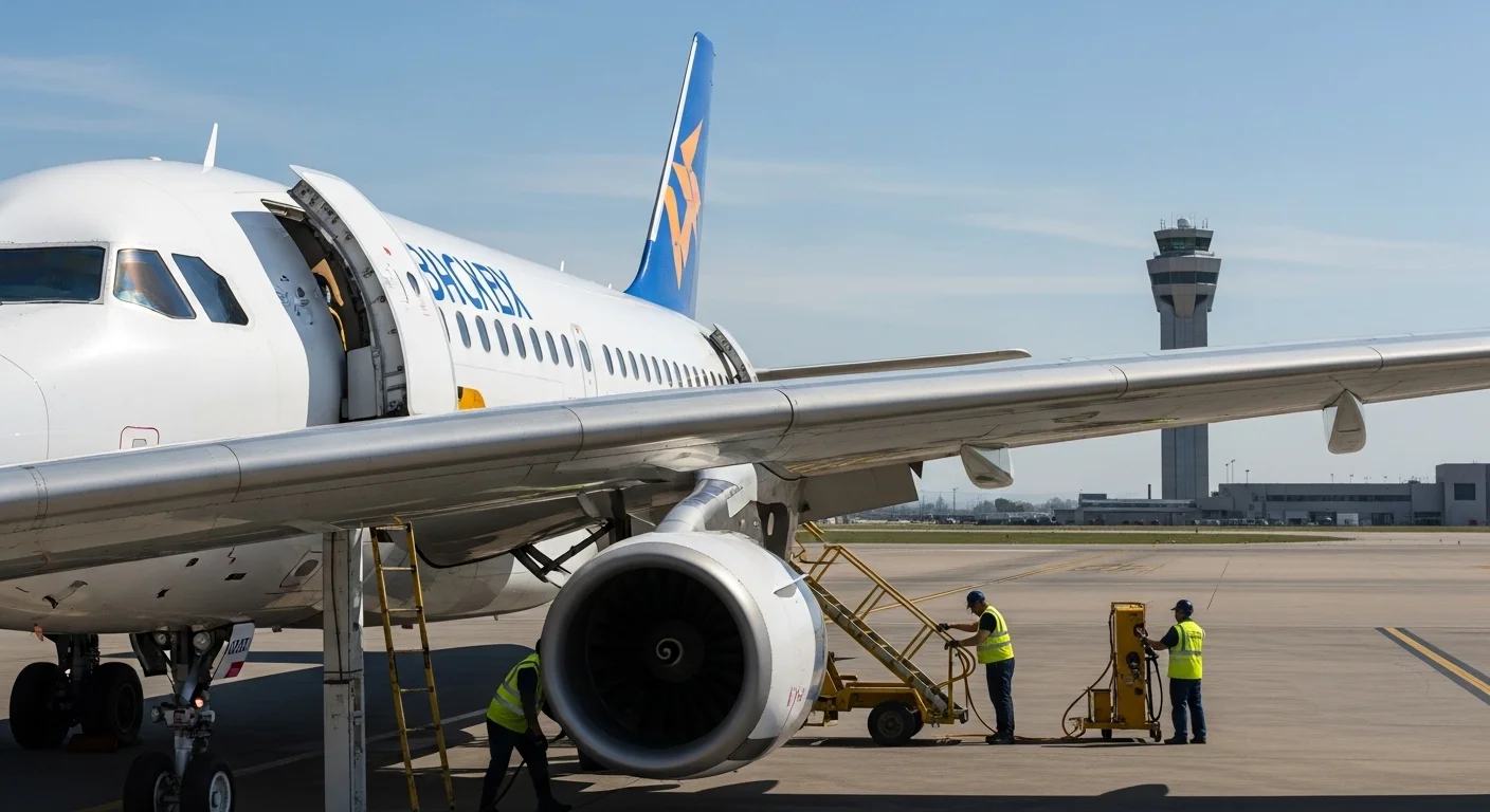 Can You Solve These 150+ Airport Riddles Before Your Flight? 5 Airport ground crew performing aircraft maintenance and pre-flight operations with jetbridge at commercial airport