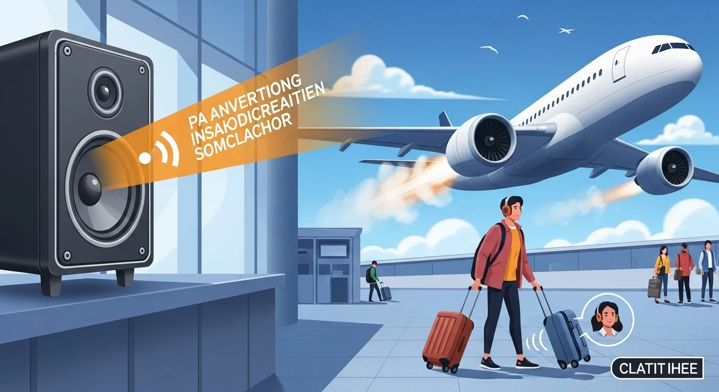 Can You Solve These 150+ Airport Riddles Before Your Flight? 8 Airport public announcement system with speaker and passengers in terminal with aircraft background