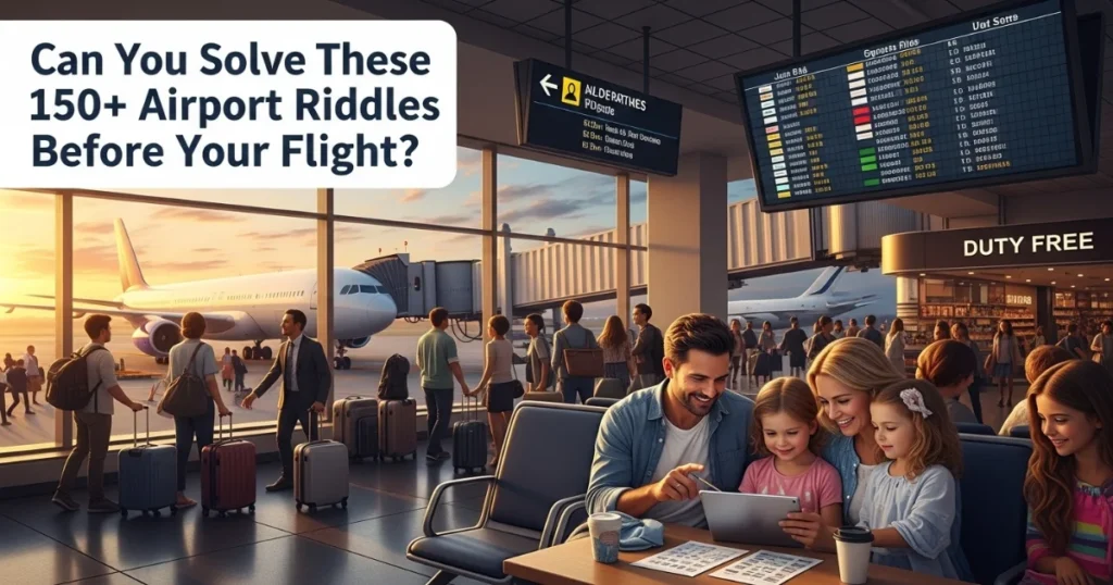 Family solving airport riddles while waiting in departure lounge with flight information displays