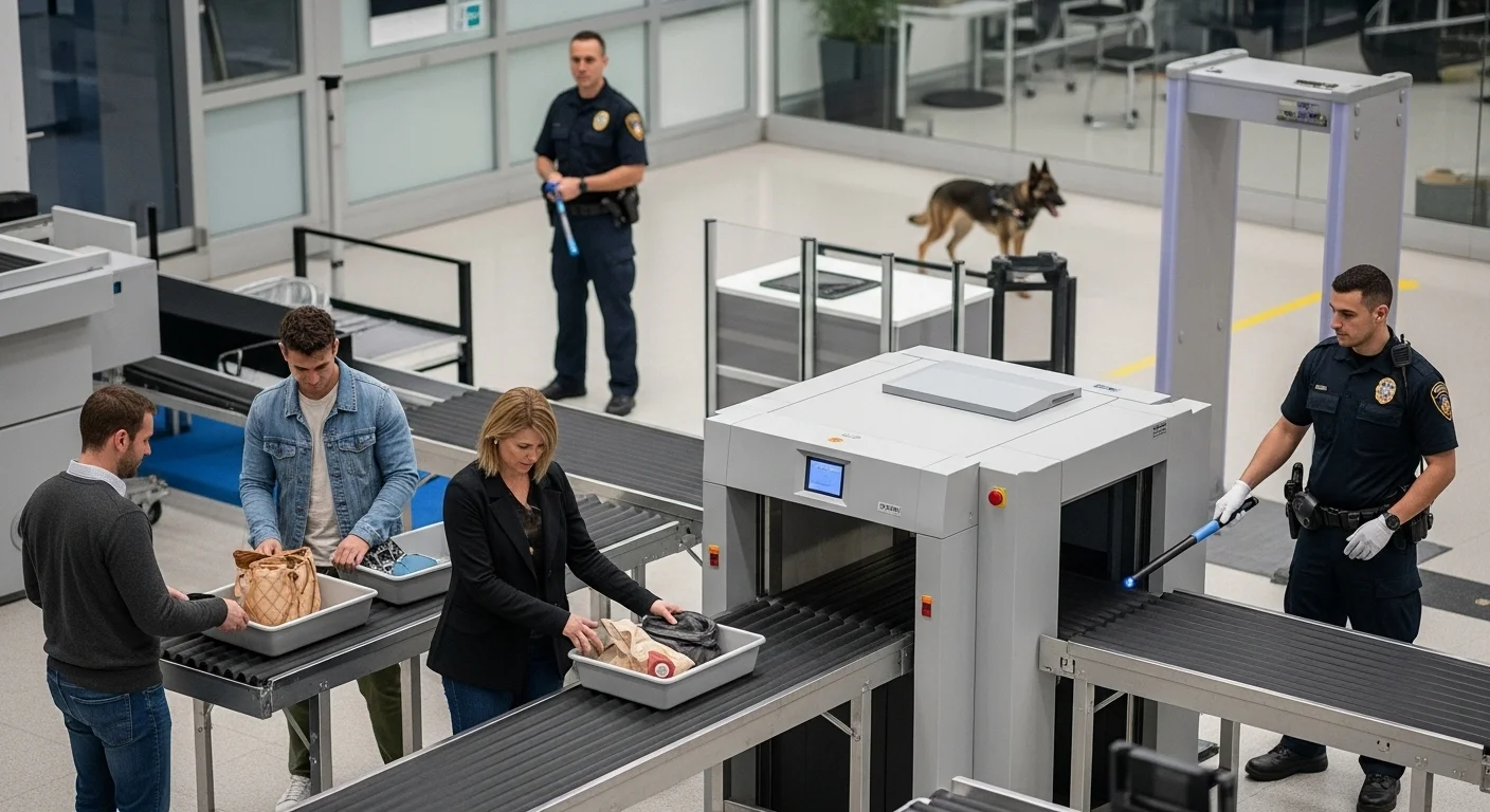 Can You Solve These 150+ Airport Riddles Before Your Flight? 7 Airport security checkpoint with TSA officers, X-ray machines, and detection dog screening passengers