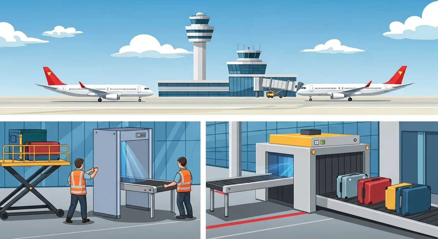 125+ High-Flying Airline Riddles (Answers Included!) 6 Modern airport terminal with control tower, aircraft on tarmac, and security checkpoint with baggage screening and X-ray machines