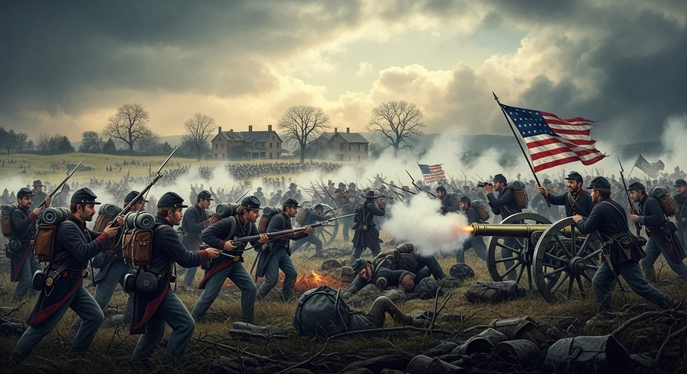 125+ American History Riddles: Test Your American Knowledge 5 Civil War battle scene with Union soldiers charging with bayonets and cannons firing amid smoke and casualties