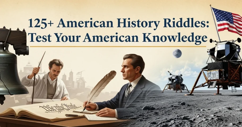 American History Riddles collection featuring historical scenes from colonial era to space exploration with US flag