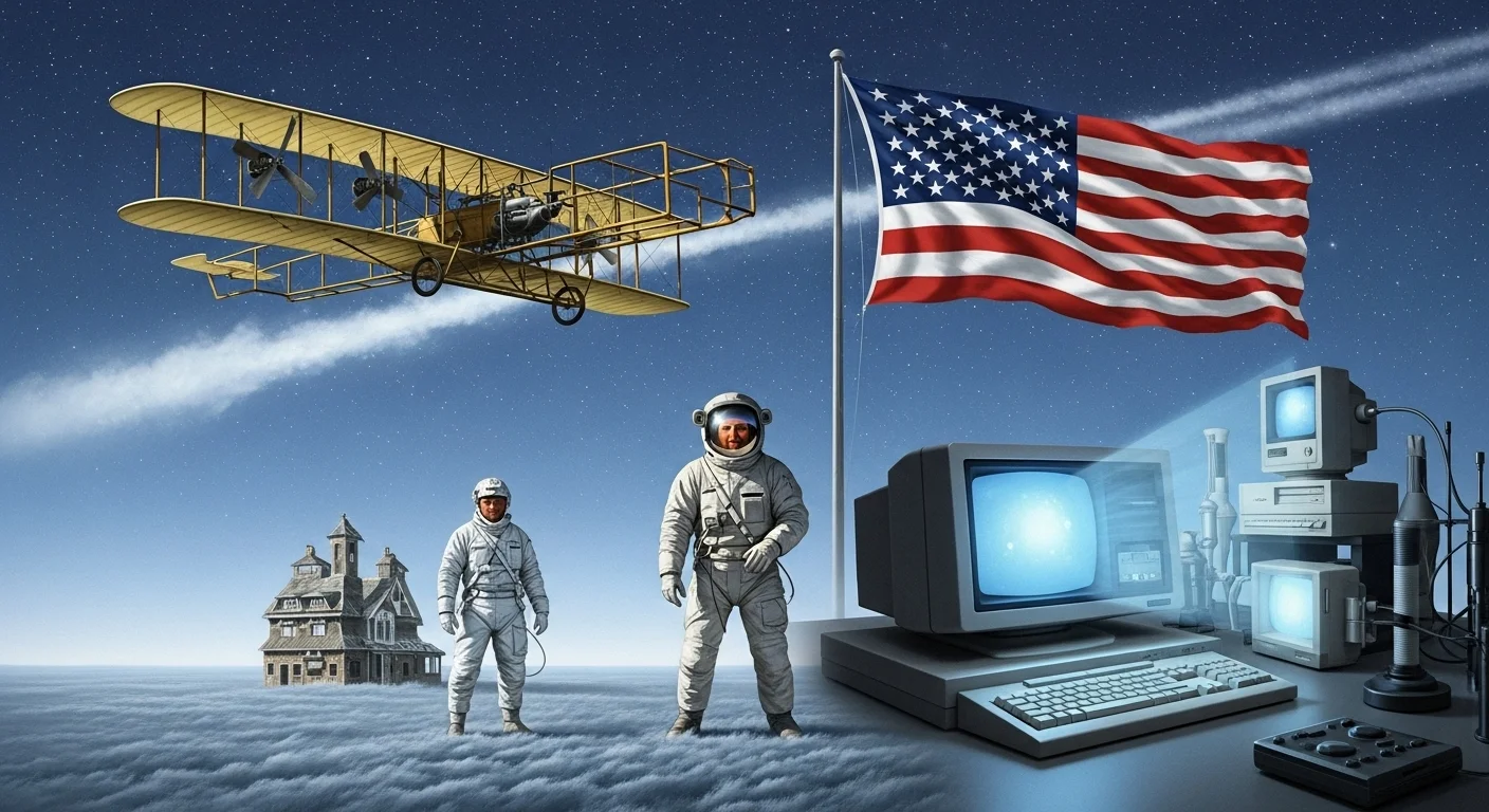 125+ American History Riddles: Test Your American Knowledge 12 American innovation collage featuring Wright brothers airplane, astronauts in space suits, American flag, Victorian house, and vintage computer technology