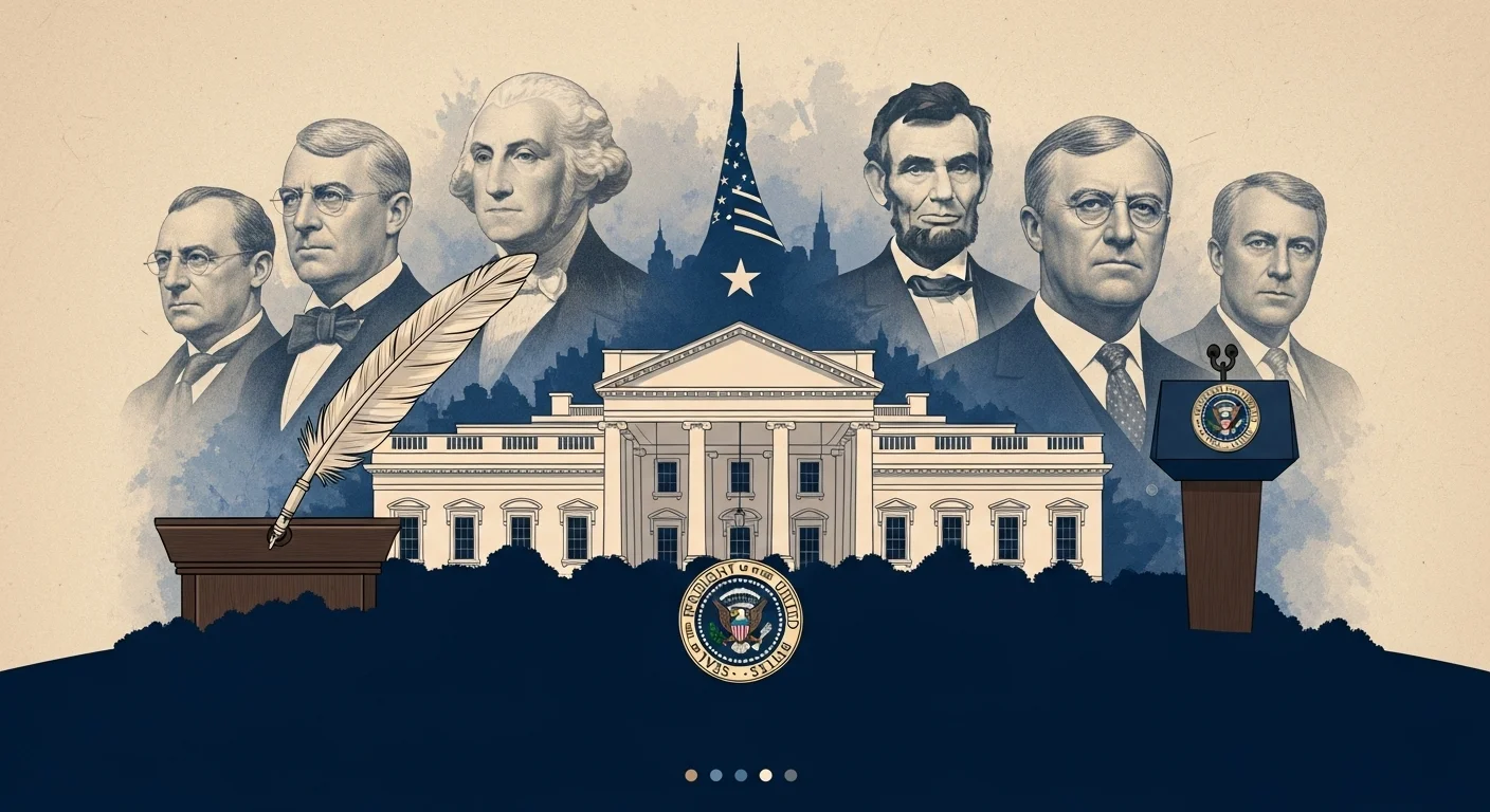 125+ Government Riddles with Answers: Unlock the Secrets of Civics! 2 Historical collage of US presidents including Washington and Lincoln with White House, presidential podium, and American flag representing executive branch