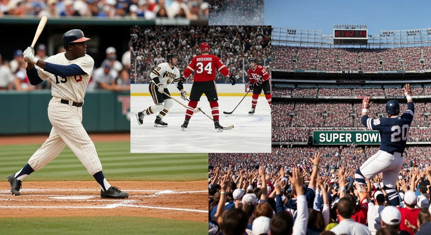 125+ American History Riddles: Test Your American Knowledge 14 American sports collage featuring baseball batter at plate, hockey players on ice with Whitehouse jersey, and Super Bowl football stadium with cheering crowd