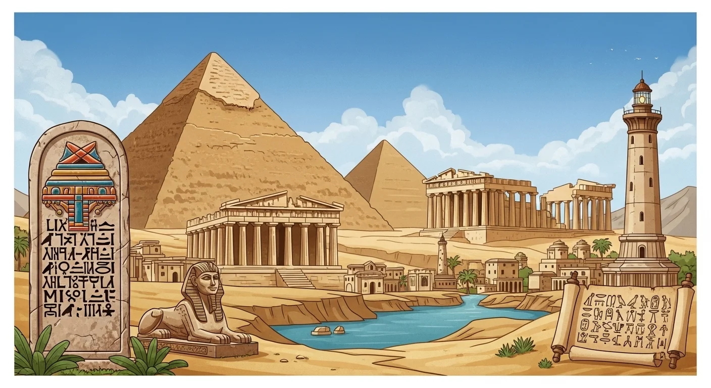 125+ World History Riddles with Answers to Test Your Knowledge 1 Ancient Egyptian pyramids, Greek Parthenon, Sphinx, and hieroglyphic tablets illustrating early civilization history riddles