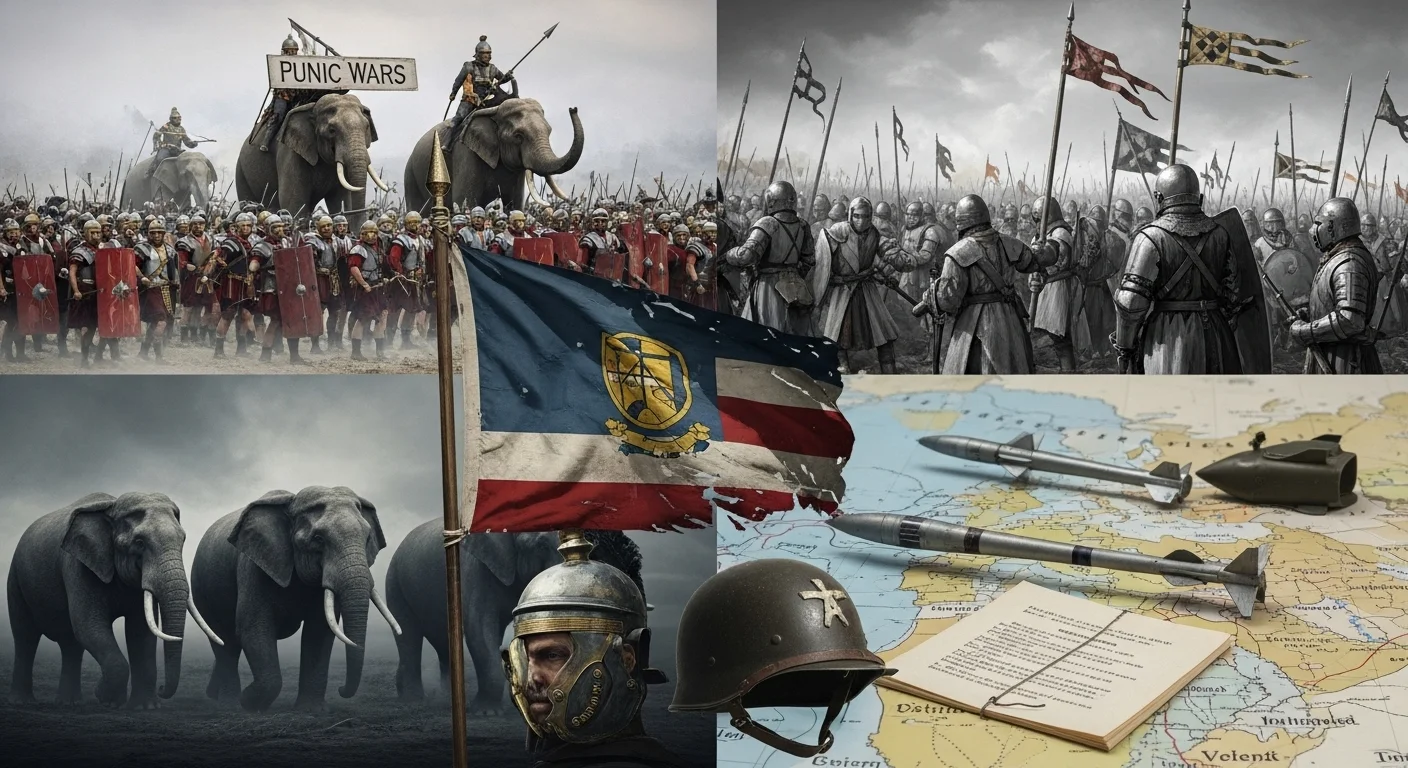 125+ World History Riddles with Answers to Test Your Knowledge 5 Ancient warfare scenes featuring Punic Wars with war elephants, Roman legions, medieval knights, and military helmets from different historical periods
