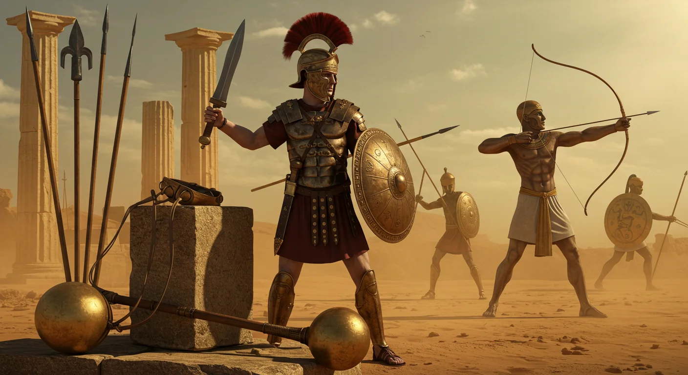125+ Unique Weapons Riddles with Answers: Ancient to Mythical 1 Ancient warriors in battle formation with Roman legionary in foreground holding sword and shield beside classical columns