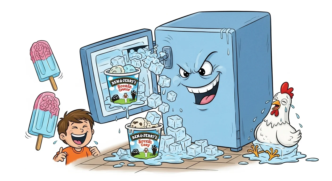 125+ Ice-Cold Freezer Riddles to Chill Your Brain (with Answers!) 5 Cartoon illustration of smiling blue freezer with Ben & Jerry's ice cream, melting ice cubes, popsicles, and laughing child for freezer riddle game