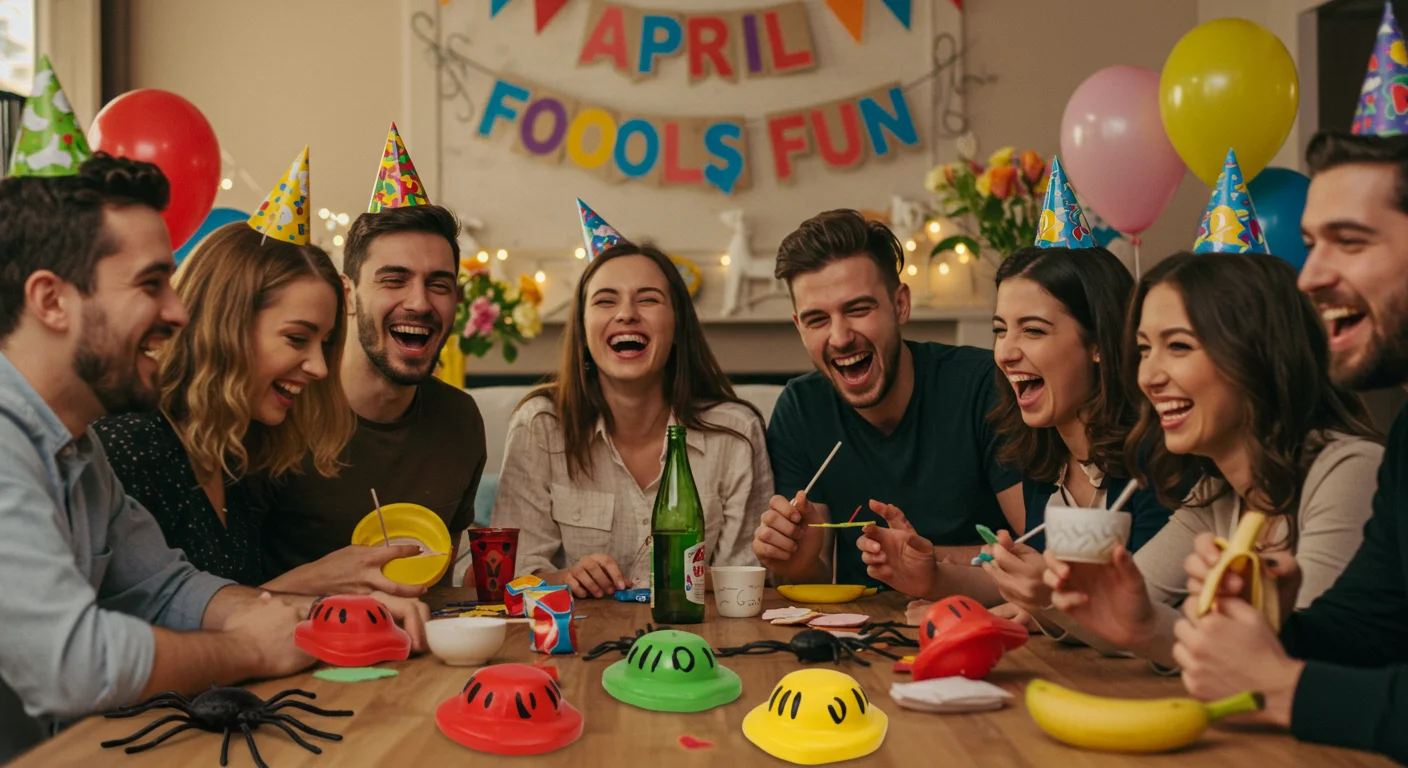 Young adults laughing at an April Fools' Day party with party hats and prank toys