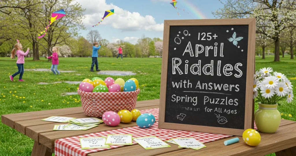 Children flying colorful kites in a spring park with Easter eggs and April riddles chalkboard