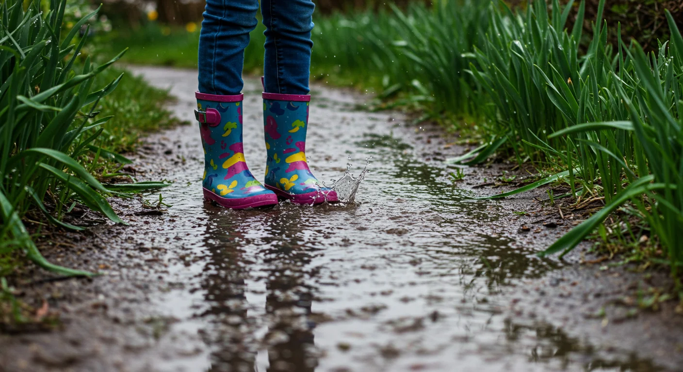 Child wearing colorful patterned rain boots splashing in a spring puddle
