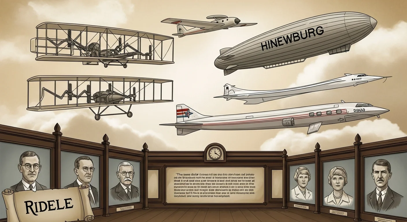 125+ High-Flying Airline Riddles (Answers Included!) 5 Aviation museum exhibit showing historical aircraft evolution from Wright brothers biplane to Hindenburg airship and modern jets with portrait gallery
