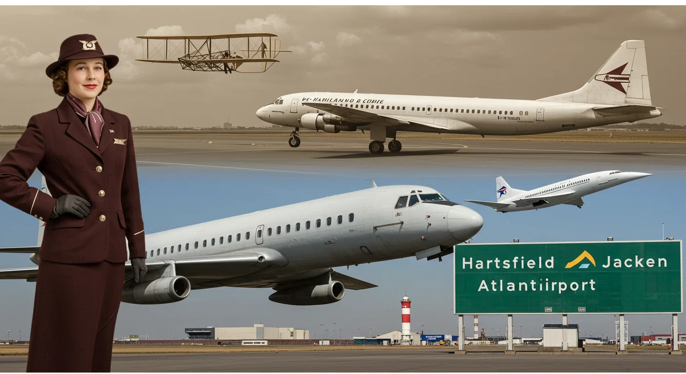 125+ Flight Attendant Riddles Only Crew Will Get (with Answers) 7 Vintage flight attendant uniform with historical aircraft evolution from Wright brothers plane to modern jets