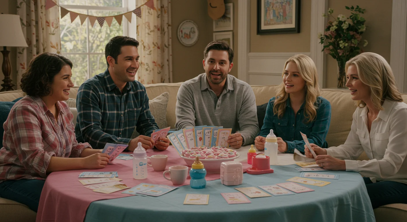 125+ Gender Reveal Riddles to Guess Baby’s Secret (Answers!) 14 Five friends playing baby shower riddle card game around table with baby bottles, pink cake, and colorful game cards in cozy living room