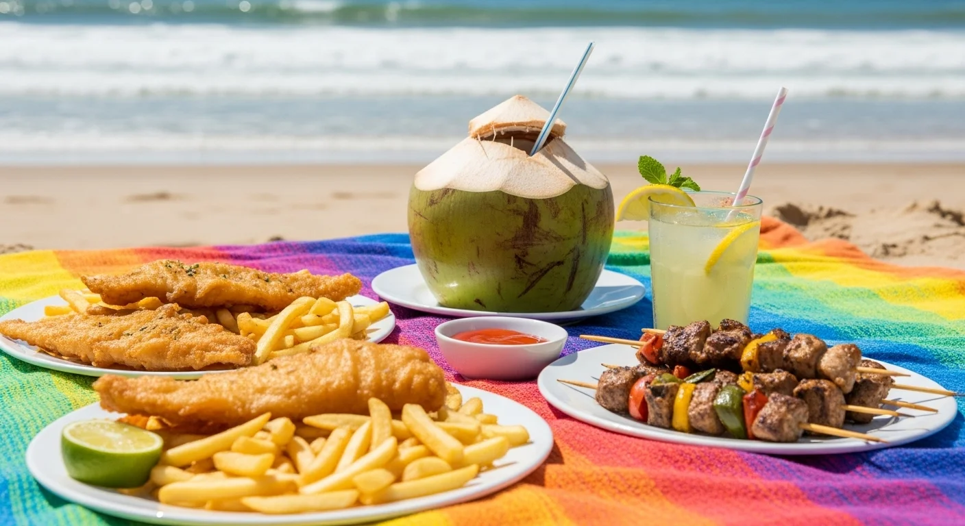 125+ Sandy Beach Riddles to Solve (Answers Included!) 7 Delicious beach food spread on rainbow towel featuring fresh coconut drink, fish and chips, grilled kebabs with ocean backdrop