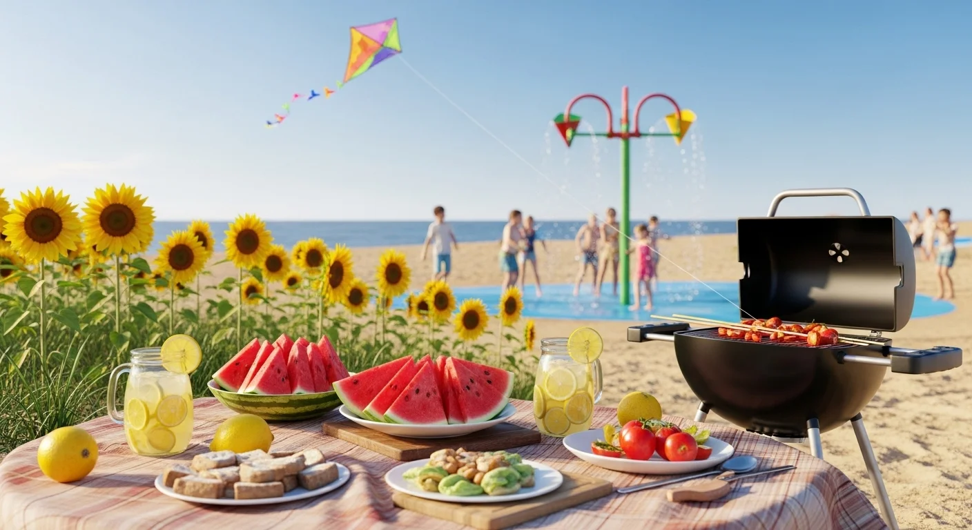 125+ Sandy Beach Riddles to Solve (Answers Included!) 5 Beach BBQ picnic setup with grilled food, watermelon slices, lemonade, and sunflowers with families playing in background