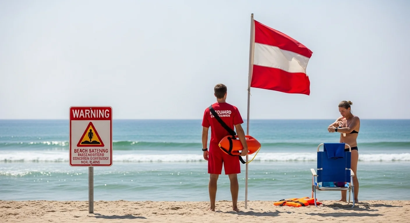 125+ Sandy Beach Riddles to Solve (Answers Included!) 6 Lifeguard in red uniform with rescue buoy standing by red and white warning flag on beach with safety warning sign