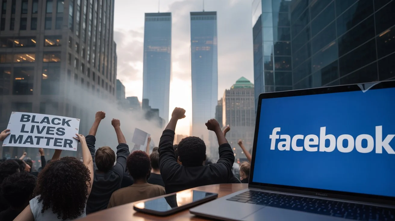 125+ American History Riddles: Test Your American Knowledge 11 Black Lives Matter street protest in urban setting with raised fists and protest signs, laptop displaying Facebook social media platform