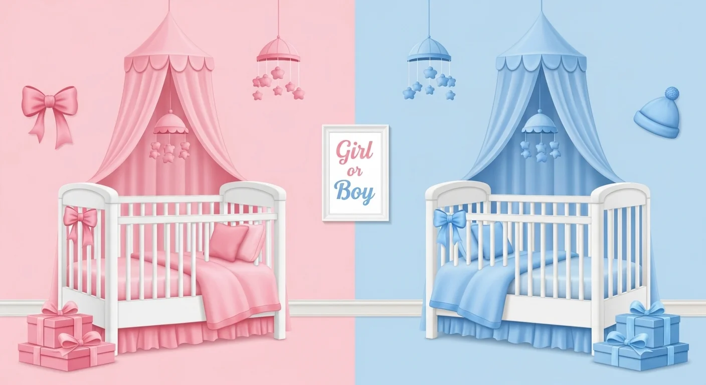 125+ Gender Reveal Riddles to Guess Baby’s Secret (Answers!) 1 Split nursery room design showing pink girl theme and blue boy theme with cribs, canopies, and Girl or Boy wall art - gender reveal riddles