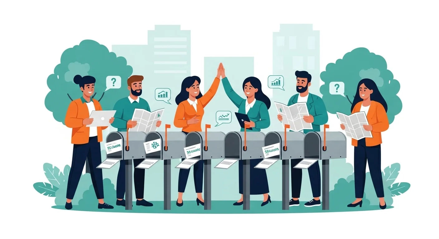 125+ Letter-Perfect Mailbox Riddles (Answers Inside!) 8 Diverse group of business professionals high-fiving near row of labeled mailboxes in urban setting with question marks and charts