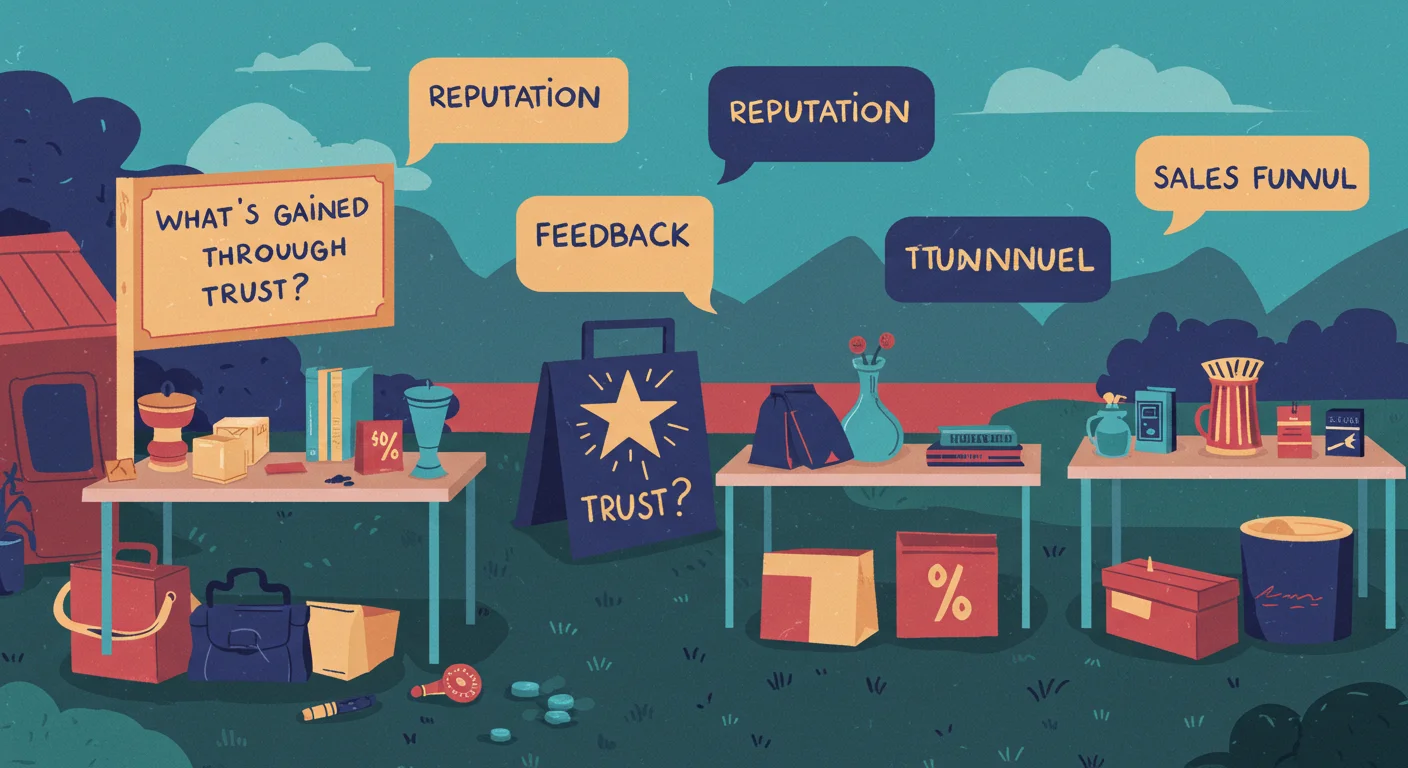 Illustrated outdoor market stalls with speech bubbles containing business terms like "Reputation," "Feedback," "Sales Funnel" and sign asking "What's gained through trust?"