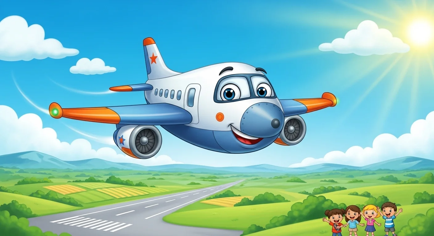125+ Airplane Riddles with Answers: A Sky-High Adventure 1 Friendly cartoon airplane with face flying over green countryside with runway and waving children