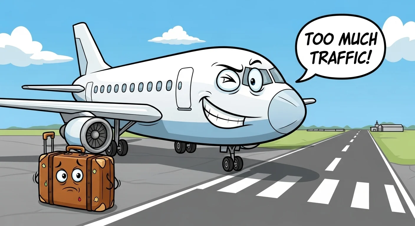125+ High-Flying Airline Riddles (Answers Included!) 3 Cartoon airplane with face saying "too much traffic" next to worried suitcase character on runway