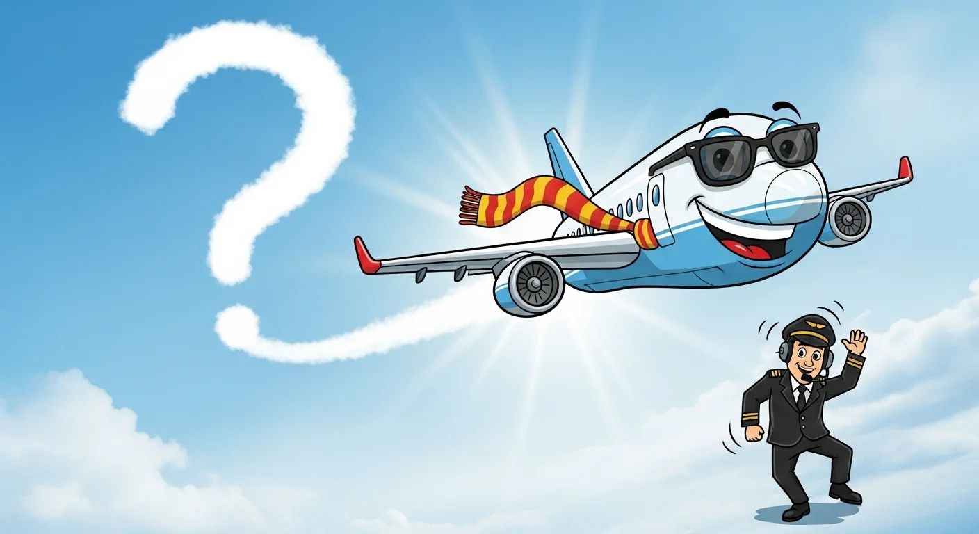 125+ Pilot Riddles with Answers: Soar Through Aviation Brain Teasers 4 Cartoon airplane character with glasses and scarf flying through cloud-formed question mark with waving pilot below