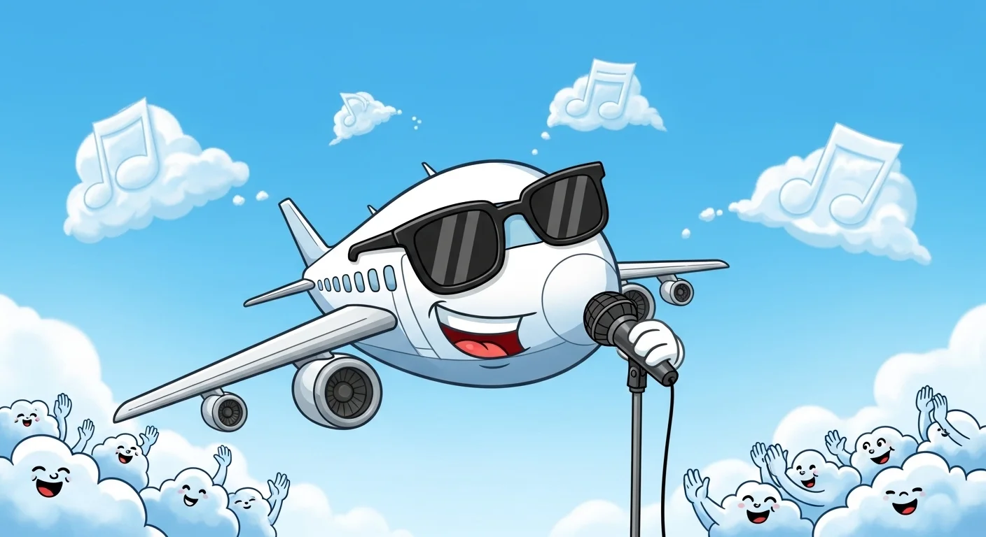 125+ Airplane Riddles with Answers: A Sky-High Adventure 3 Cool cartoon airplane wearing sunglasses and singing into microphone surrounded by happy cloud characters